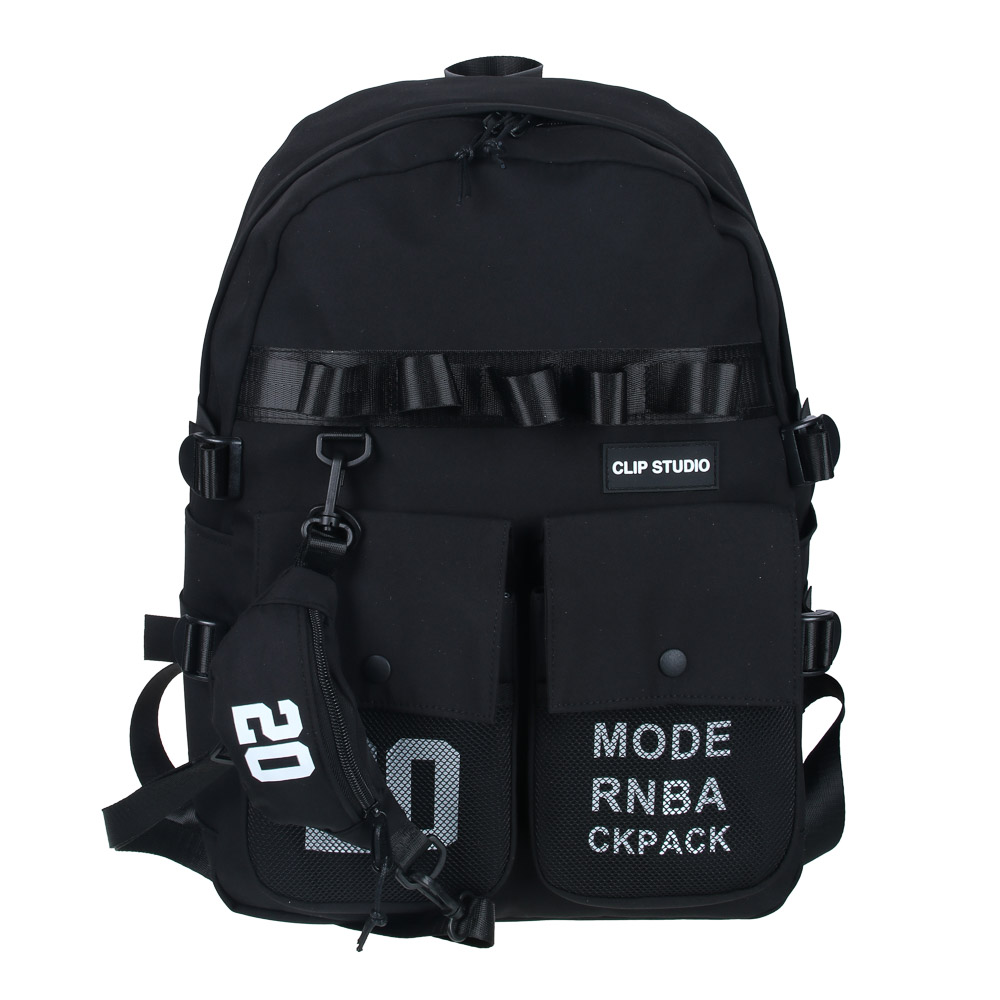 Teenage backpack 44x31.5x14cm, 1 compartment, 5 pockets, decor with mesh and braid, waist bag, PE, black