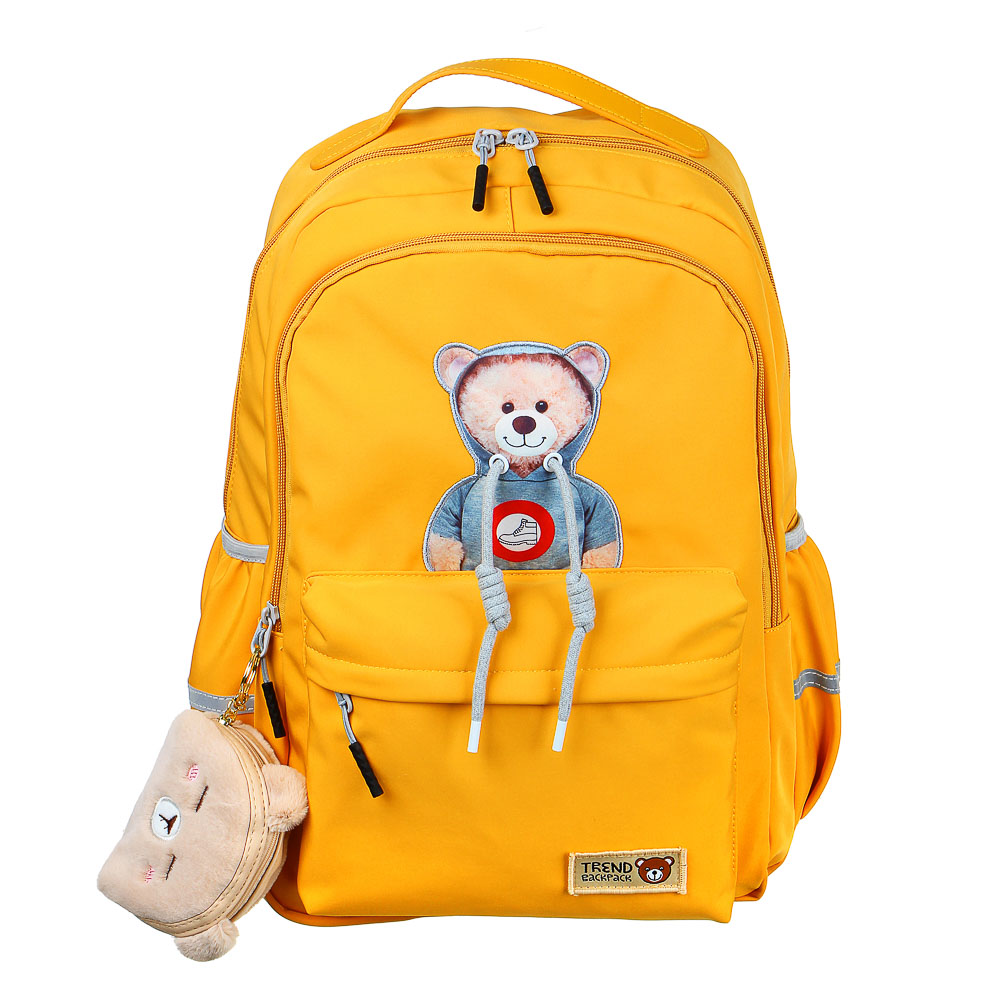 Teenage backpack 43.5x29.5x18cm, 2 compartments, 3 pockets, bear-shaped appliqué, drawstring decor, PE, mustard green.