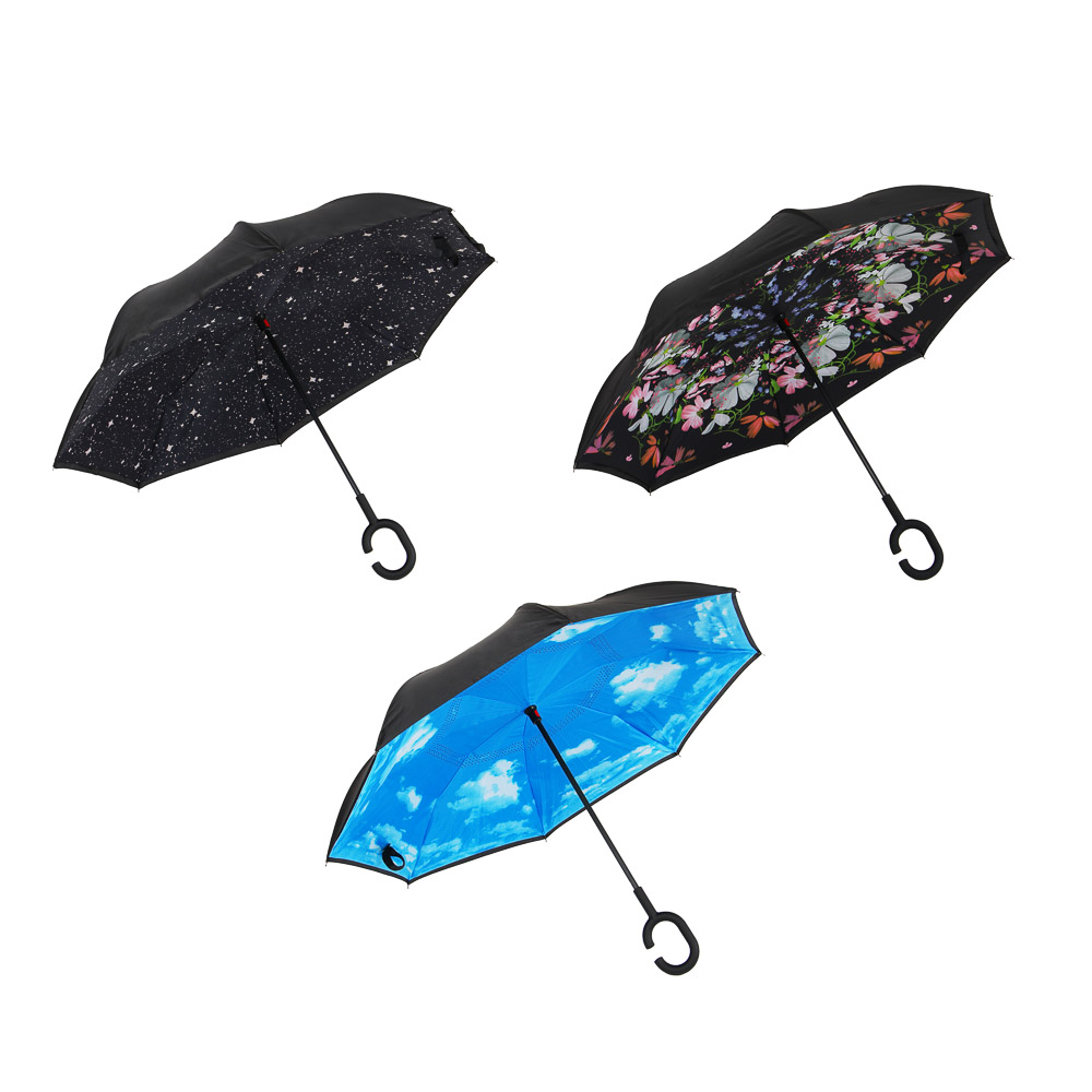 Reversible umbrella (reverse fold), alloy, plastic, polyester, 58 cm, 8 spokes, 3 designs